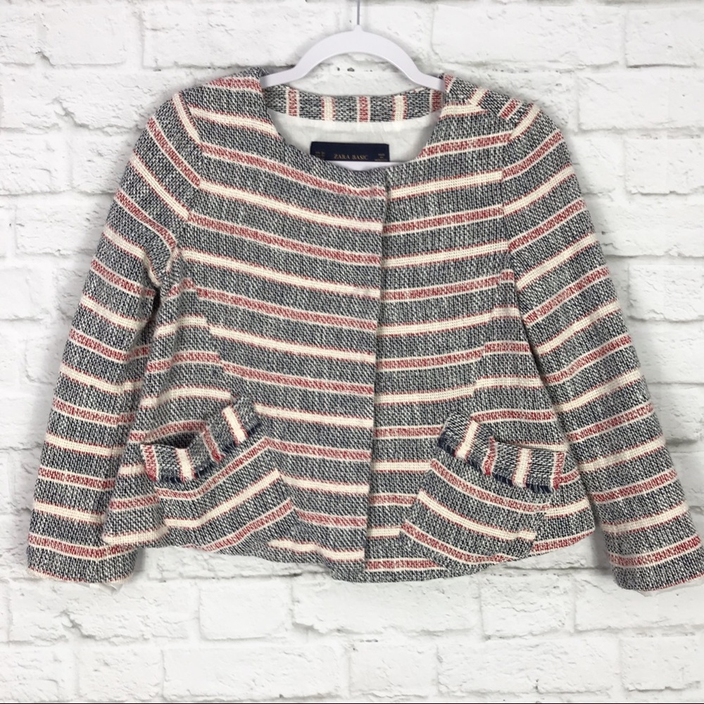 Zara Basic XS Tweed Knit Striped Navy / Red Blazer - Picture 1 of 6